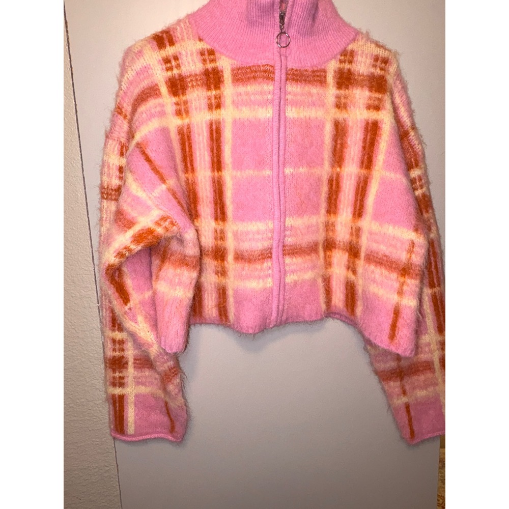 Wild Fable Pink Orange Plaid Cropped Zip Up Sweater Funnel Neck Small NWT